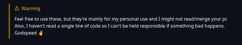 A github note saying that the developer didn't read the code of their project